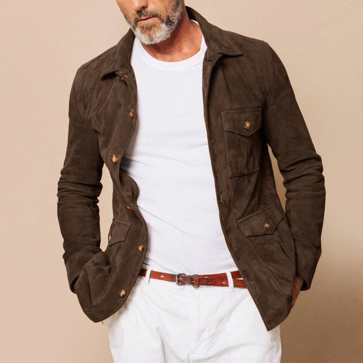 Men's Faux Suede Jacket – Soft Velour Four-Pocket Button Front – view 6