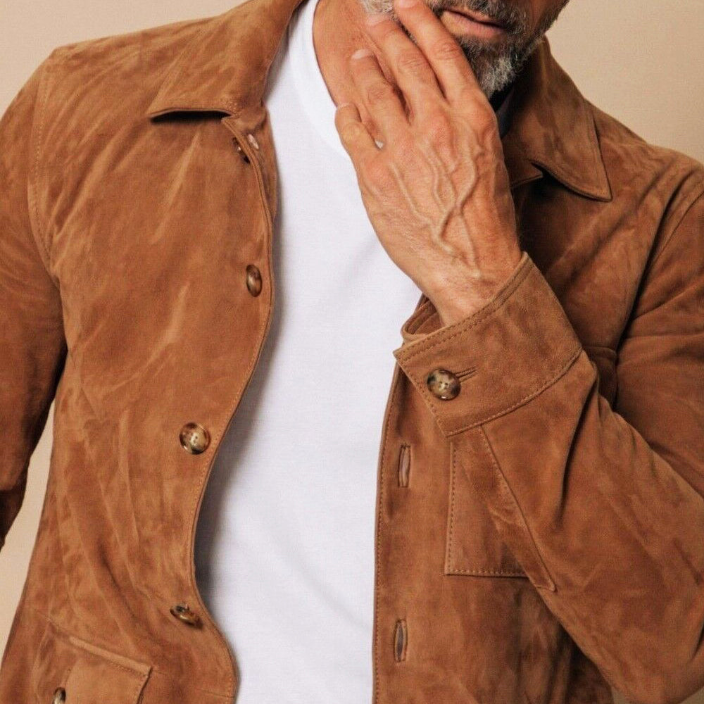 Men's Faux Suede Jacket – Soft Velour Four-Pocket Button Front – view 5