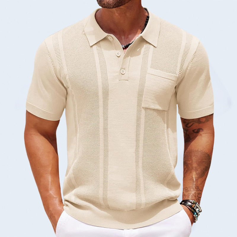 Men's Knitted Polo Shirt – Breathable Textured Summer Top – Brown