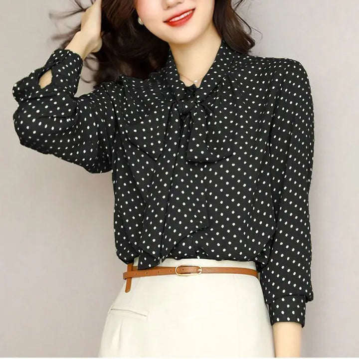 Women's Polka Dot Bow Blouse – Lightweight Shawl Collar Top