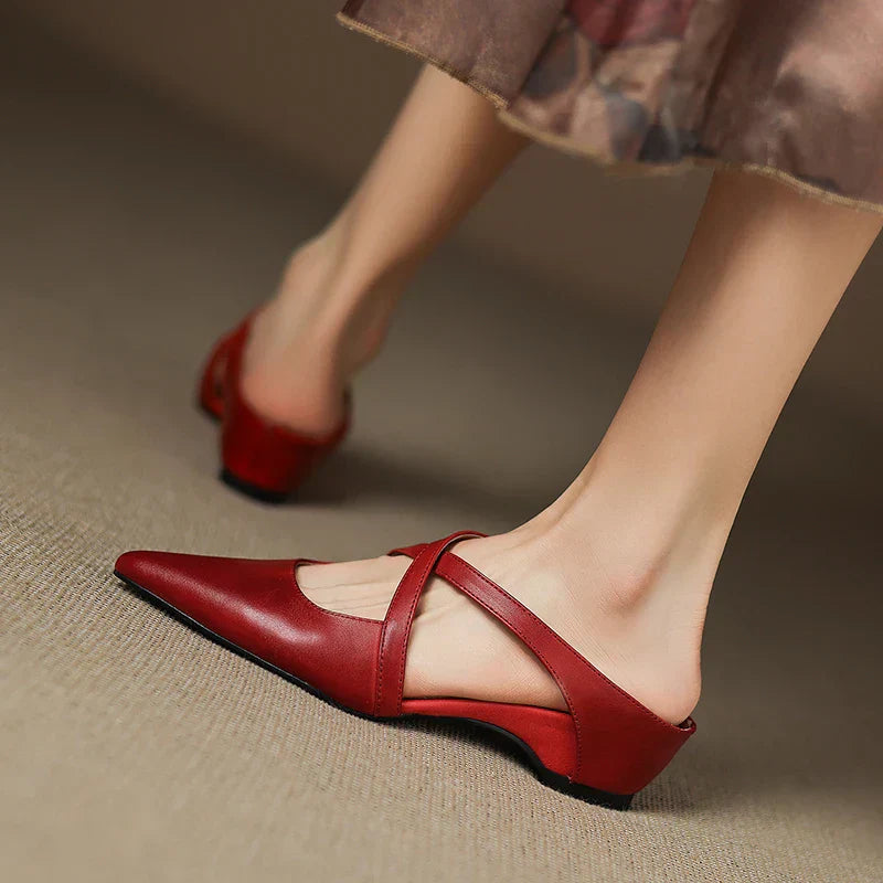 Women's Leather Cross-Strap Mules – Pointed Toe Low Heel – view 5