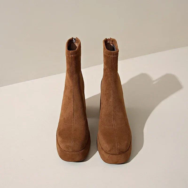 Women's Suede Heeled Ankle Booties – Block Heel, Back Zip