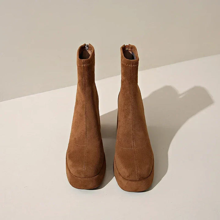 Women's Suede Heeled Ankle Booties – Block Heel, Back Zip