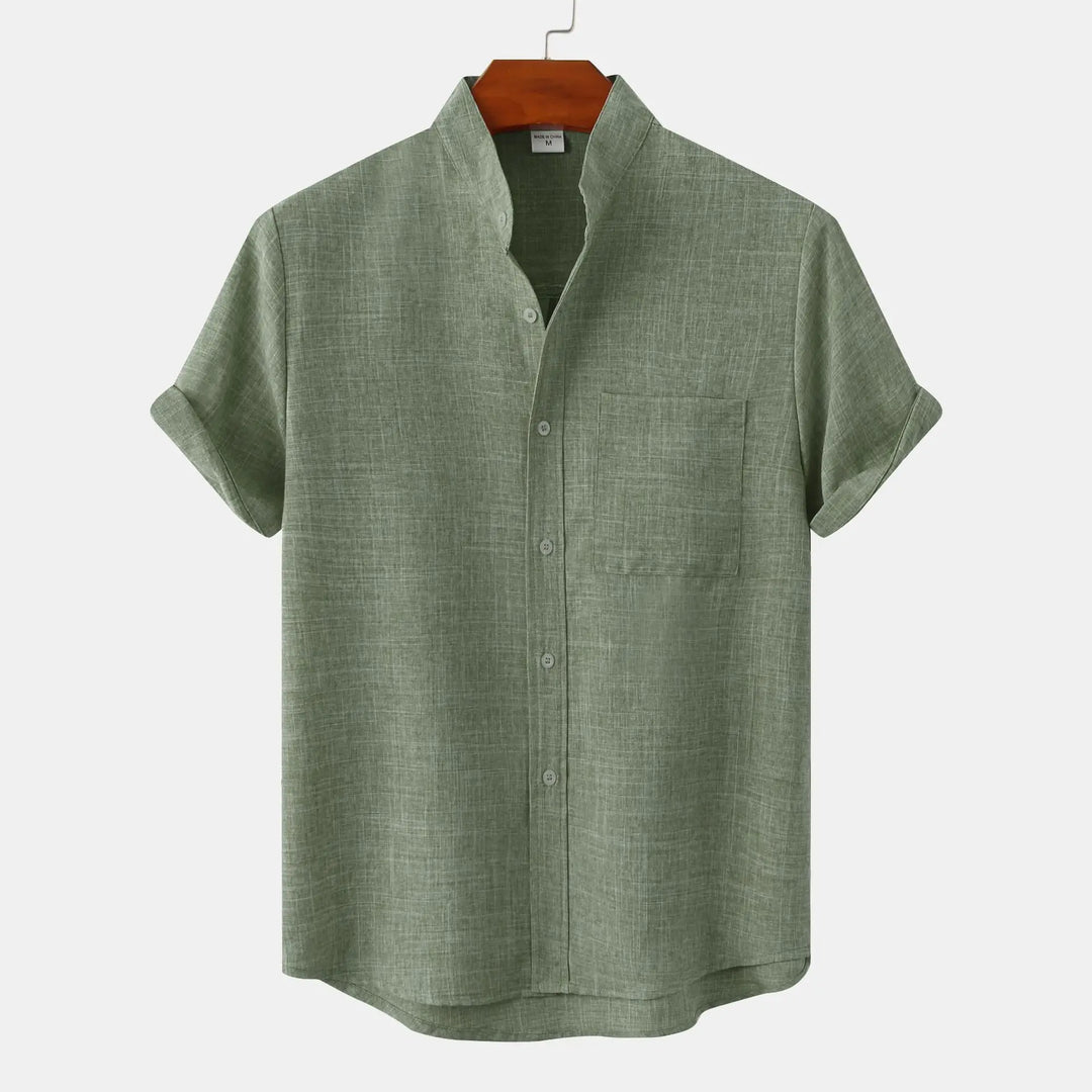 Men's Linen Blend Grandad Collar Shirt – Relaxed Summer Fit – Classic Black