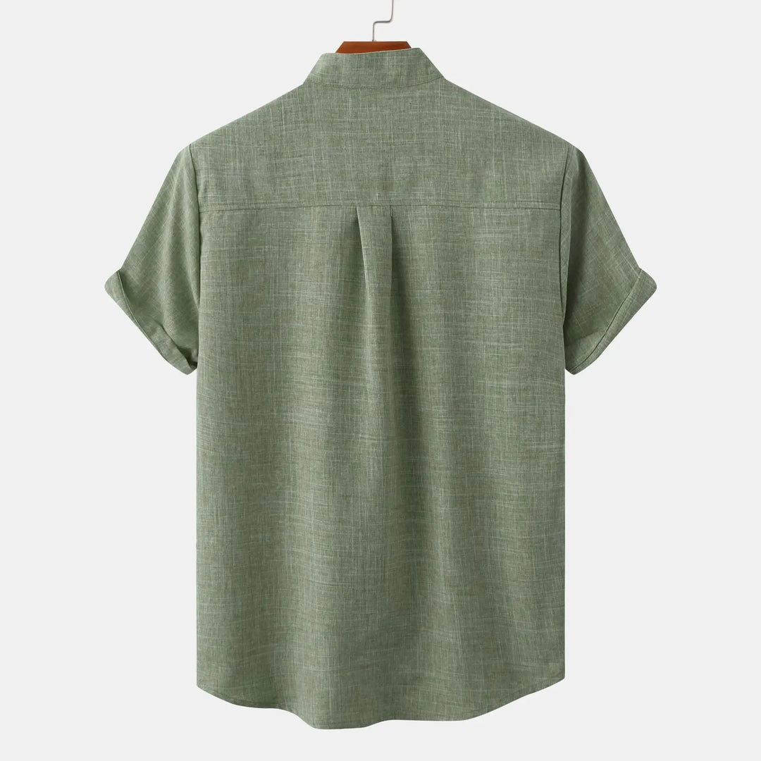 Men's Linen Blend Grandad Collar Shirt – Relaxed Summer Fit – Emerald Green