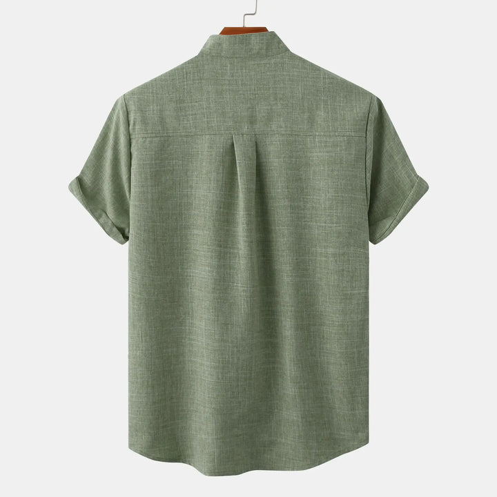 Men's Linen Blend Grandad Collar Shirt – Relaxed Summer Fit – Emerald Green