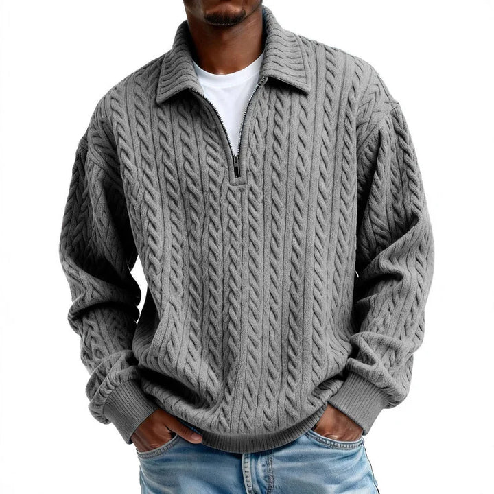 Men's Cable-Knit Quarter-Zip Jumper – Spread Collar Knitwear – Slate Grey
