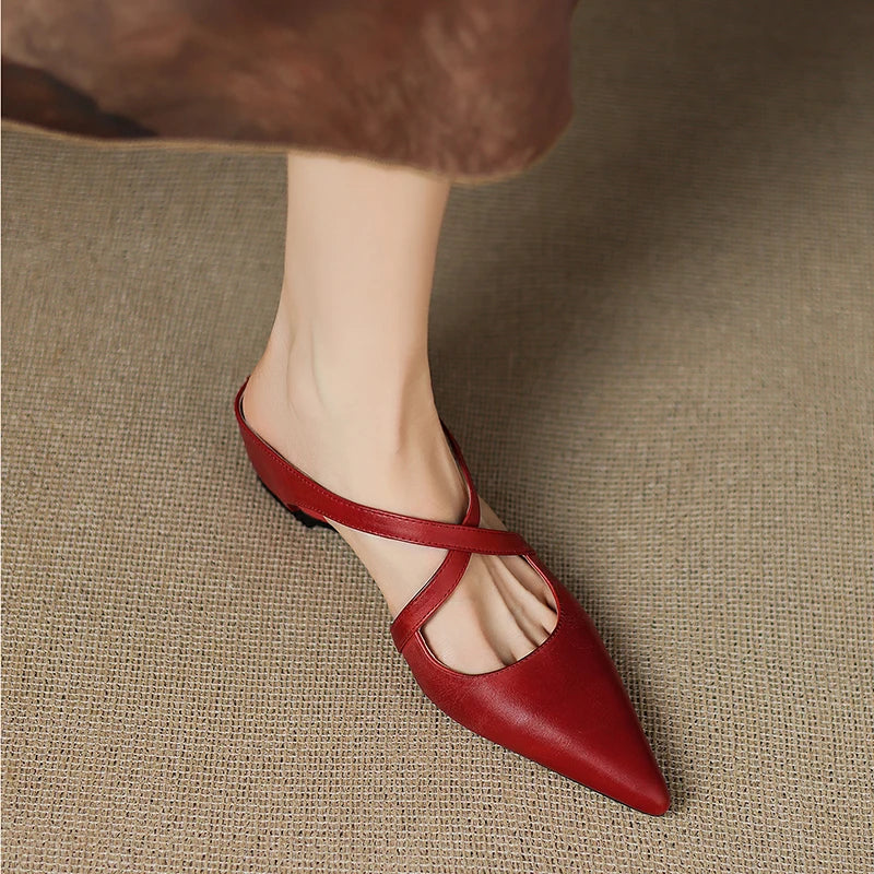 Women's Leather Cross-Strap Mules – Pointed Toe Low Heel – view 3