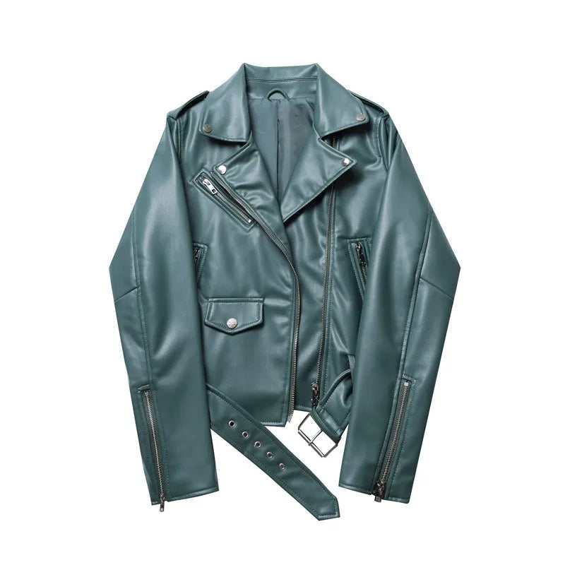 Women's Faux Leather Moto Jacket – Biker Style with Zipped Cuffs – Light Green