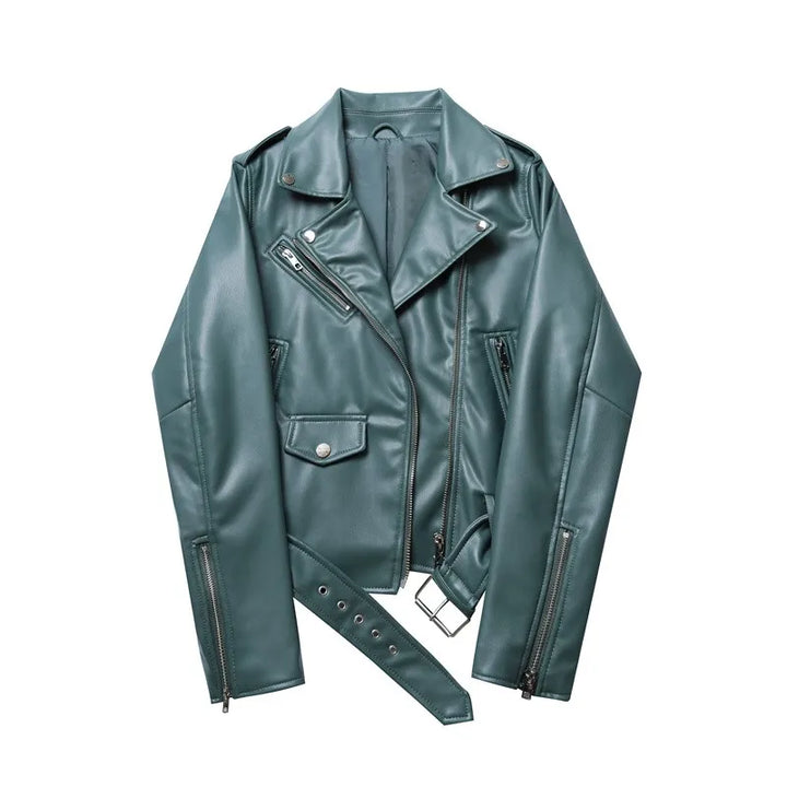 Women's Faux Leather Moto Jacket – Biker Style with Zipped Cuffs – Light Green