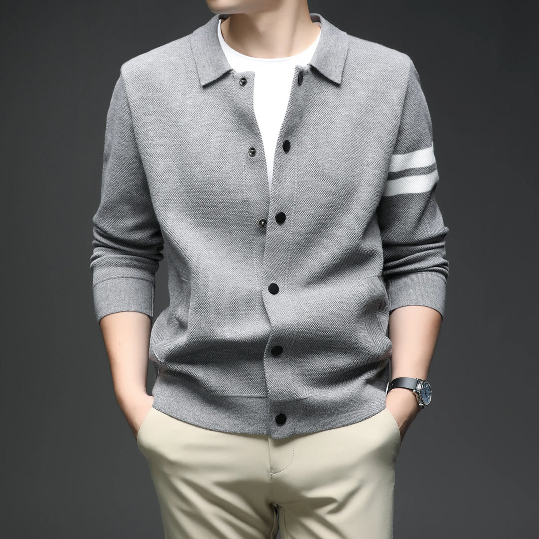Men's Striped Cotton Knit Cardigan – Collared Button-Through – view 3