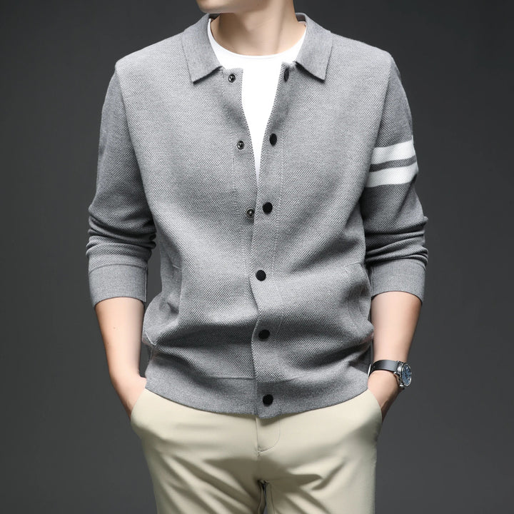 Men's Striped Cotton Knit Cardigan – Collared Button-Through – view 3