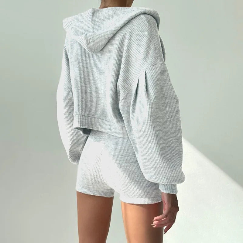 Women's Ribbed Knit Lounge Set – Ridge 3-Piece Hoodie & Shorts