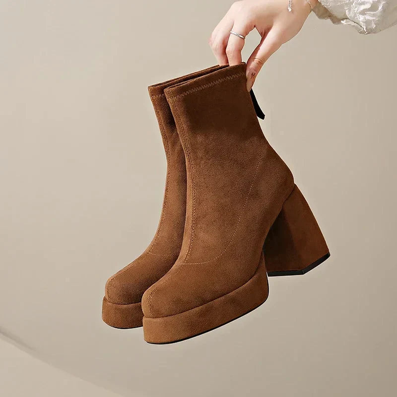 Women's Suede Heeled Ankle Booties – Block Heel, Back Zip