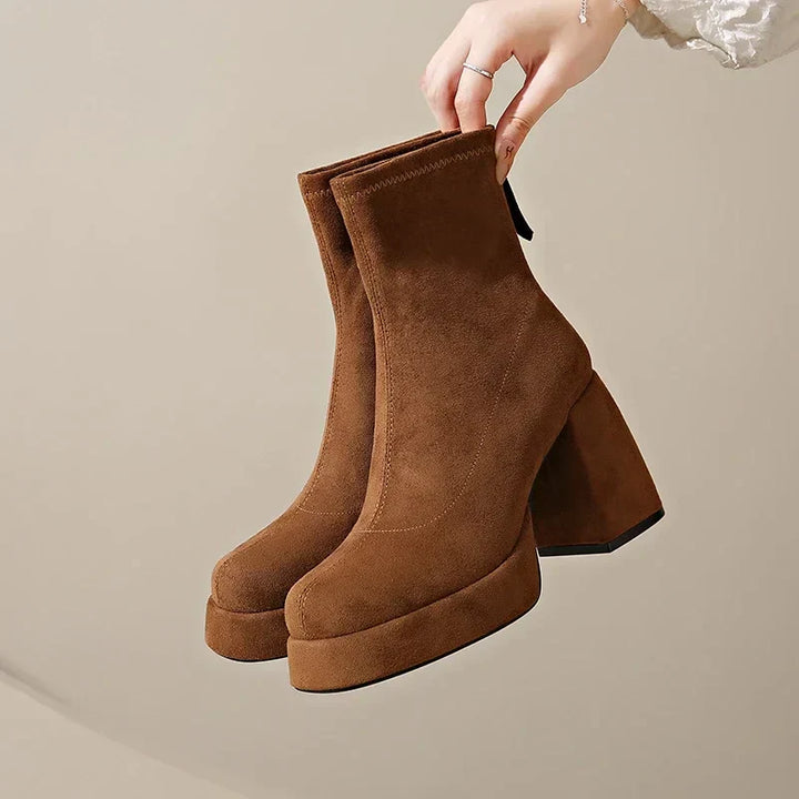 Women's Suede Heeled Ankle Booties – Block Heel, Back Zip
