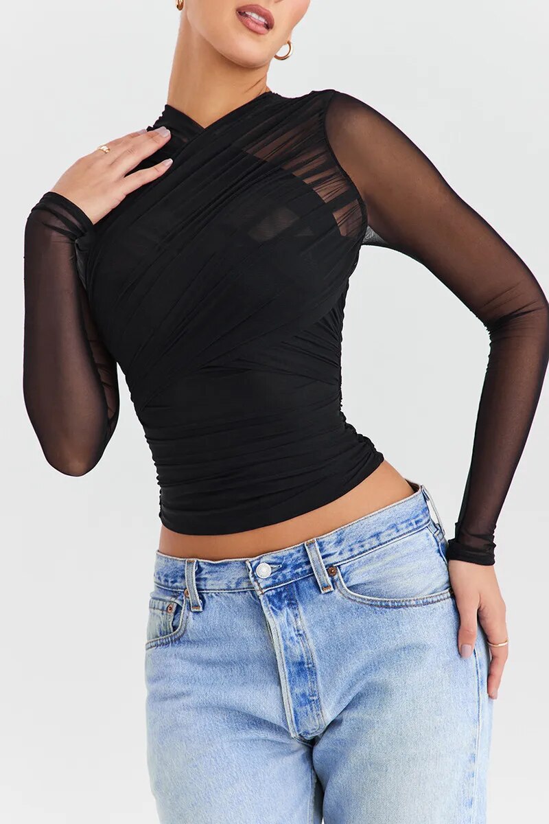 Women's Sheer Mesh V-Neck Party Top – Evening Going-Out Blouse