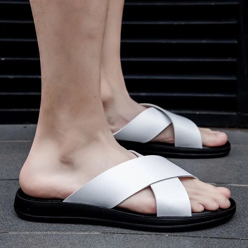 Men's Leather Slide Sandals – Cushioned Ergonomic Footbed