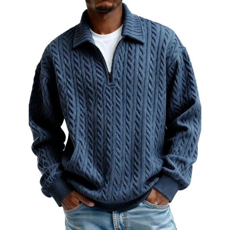 Men's Cable-Knit Quarter-Zip Jumper – Spread Collar Knitwear – Royal Blue