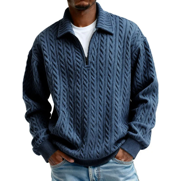 Men's Cable-Knit Quarter-Zip Jumper – Spread Collar Knitwear – Royal Blue