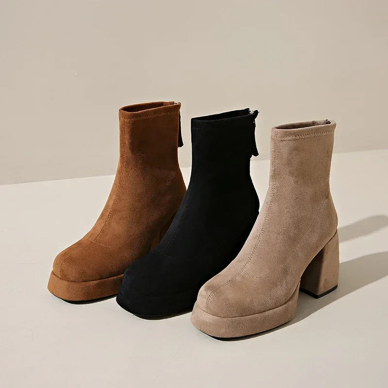 Women's Suede Heeled Ankle Booties – Block Heel, Back Zip