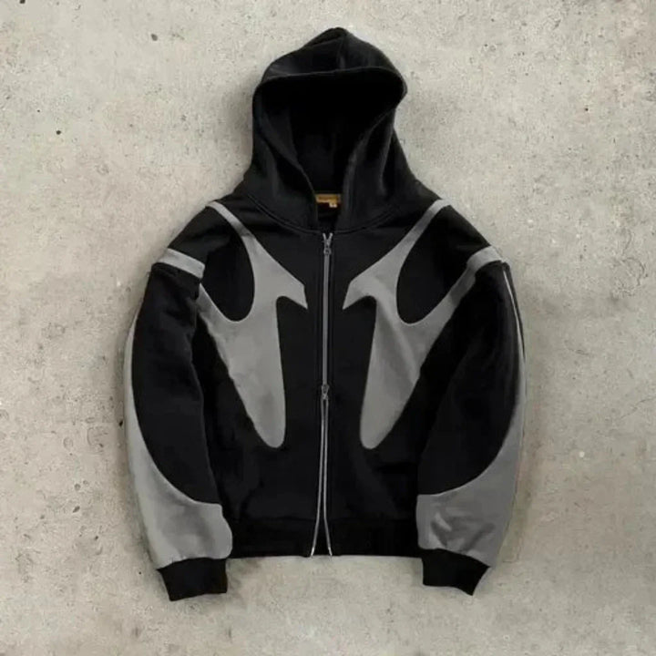 Unisex Oversized Zip-Up Hoodie – Gothic Print Cotton Blend – Black Grey