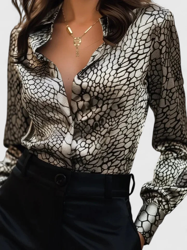 Women's Snake Print Lapel Blouse - Versatile for Office & Evening