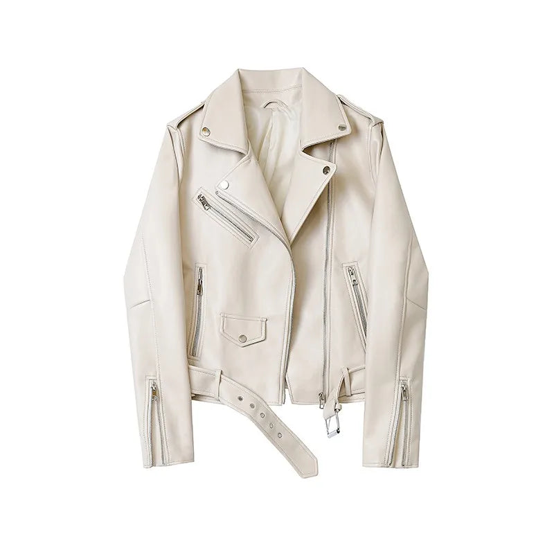 Women's Faux Leather Moto Jacket – Biker Style with Zipped Cuffs – Off-White