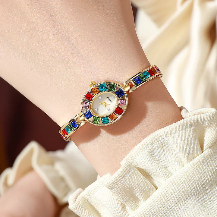 Women's Gold-Tone Crystal Watch – Rainbow Gems, Slim Oval Dial