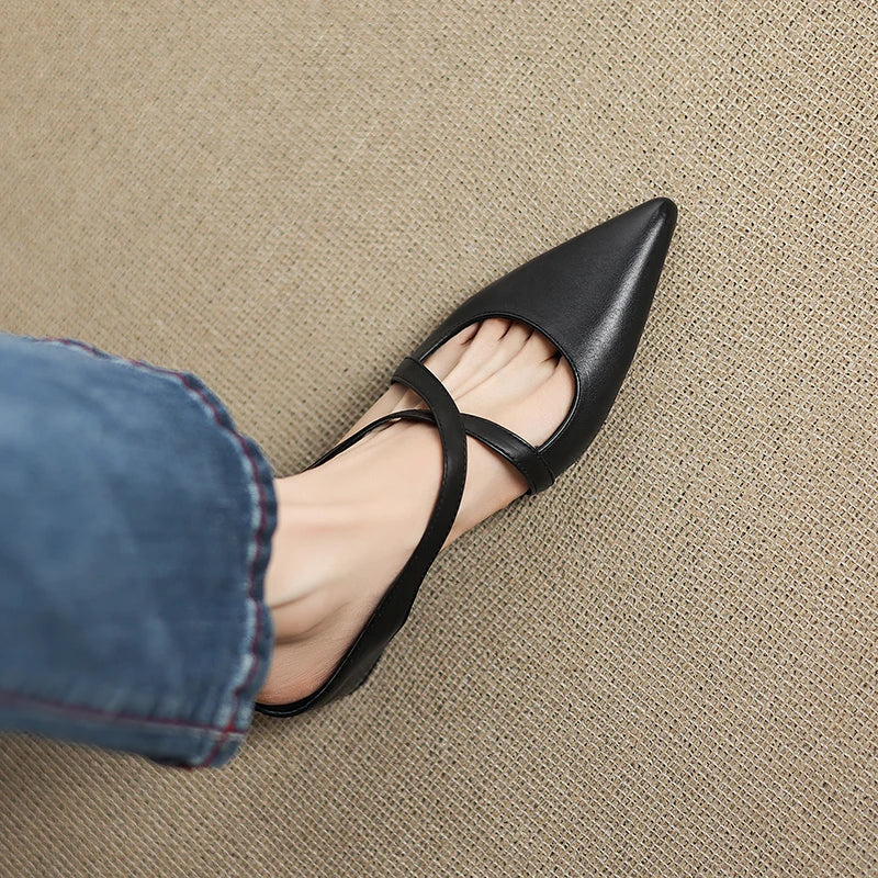 Women's Leather Cross-Strap Mules – Pointed Toe Low Heel
