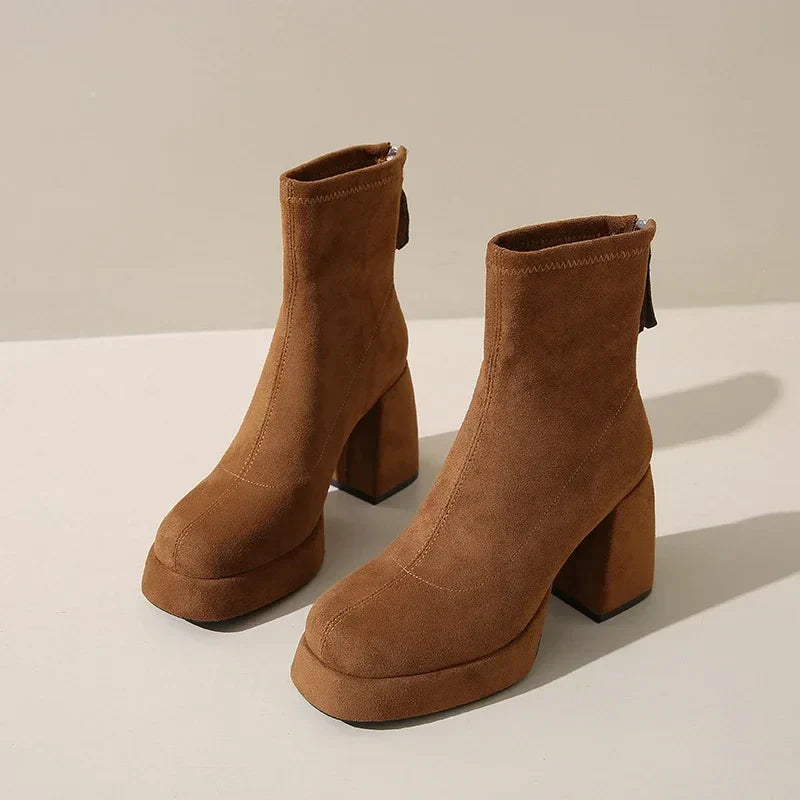 Women's Suede Heeled Ankle Booties – Block Heel, Back Zip