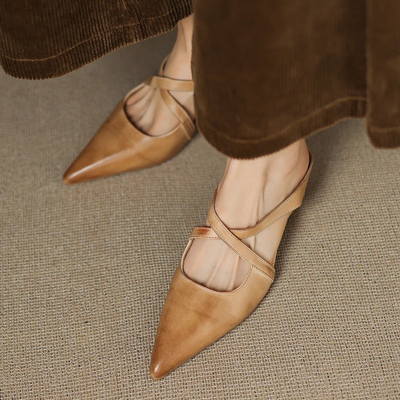 Women's Leather Cross-Strap Mules – Pointed Toe Low Heel – view 8