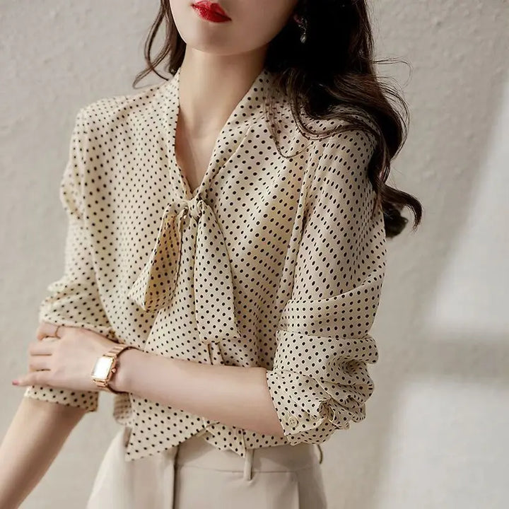 Women's Polka Dot Bow Blouse – Lightweight Shawl Collar Top