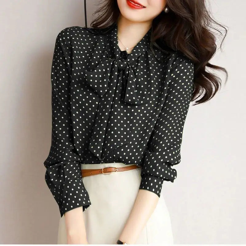 Women's Polka Dot Bow Blouse – Lightweight Shawl Collar Top