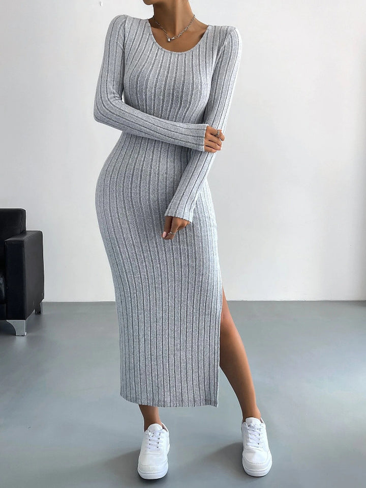 Autumn Ribbed Slit Knit Maxi Dress