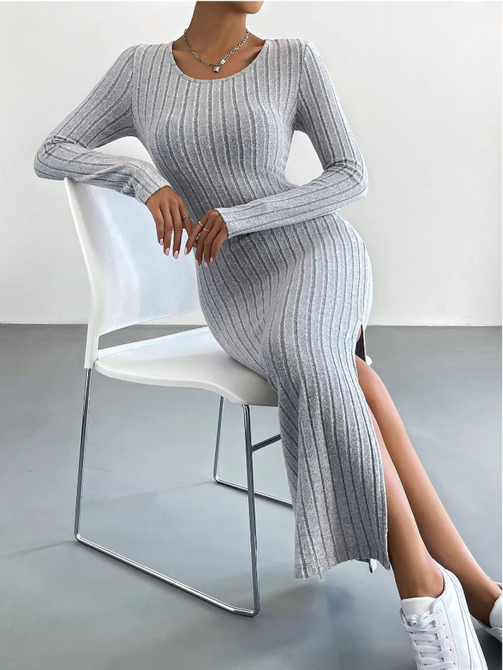 Autumn Ribbed Slit Knit Maxi Dress