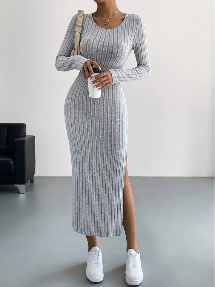 Autumn Ribbed Slit Knit Maxi Dress