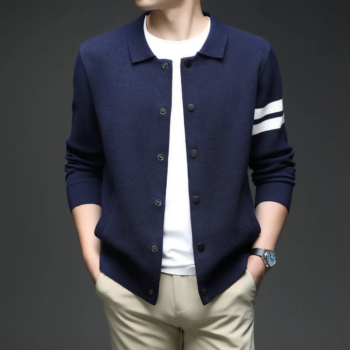 Men's Striped Cotton Knit Cardigan – Collared Button-Through – view 6