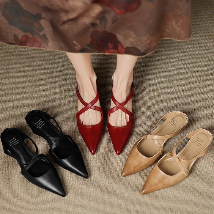 Women's Leather Cross-Strap Mules – Pointed Toe Low Heel