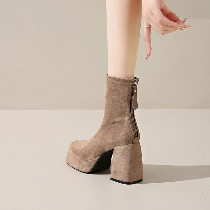 Women's Suede Heeled Ankle Booties – Block Heel, Back Zip