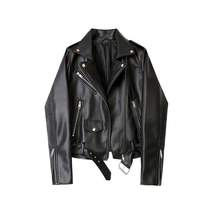 Women's Faux Leather Moto Jacket – Biker Style with Zipped Cuffs