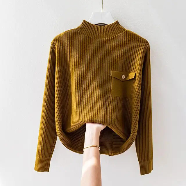 Women's Ribbed Knit Jumper – Mock Neck with Button Detail – Light Brown