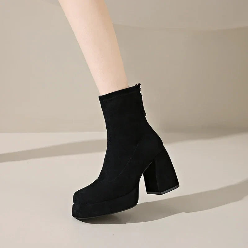 Women's Suede Heeled Ankle Booties – Block Heel, Back Zip