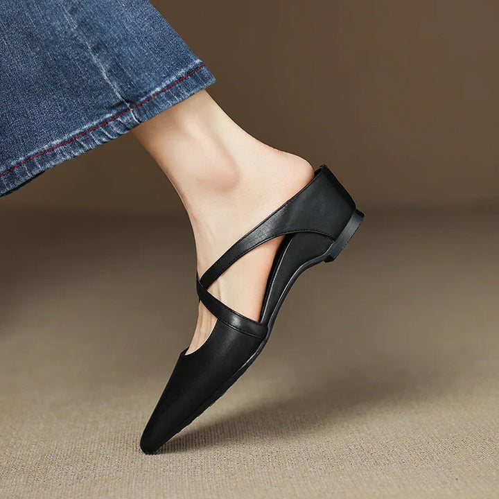 Women's Leather Cross-Strap Mules – Pointed Toe Low Heel