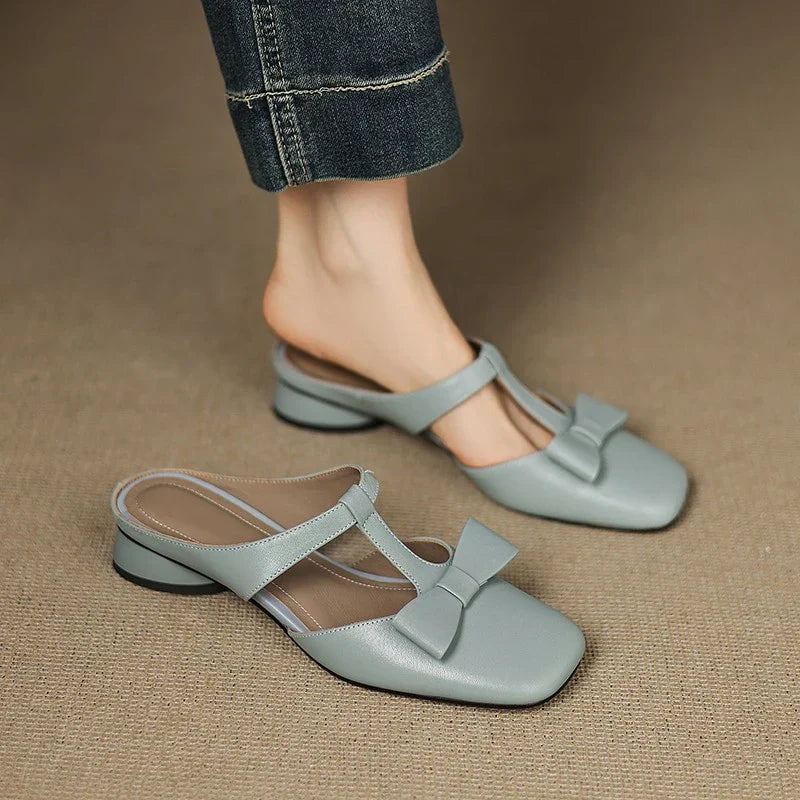 Women's Leather T-Strap Mules – Square Toe Block Heel – view 2