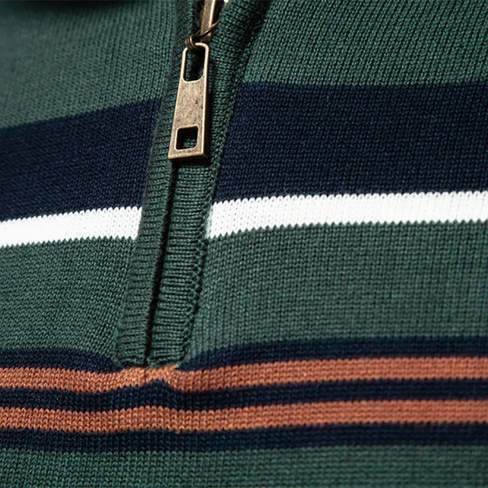 Men's Cotton Striped Jumper – Coastal Zip Collar Knit Pullover – view 8