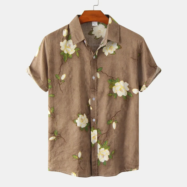 Men's Floral Print Shirt – Relaxed Fit Summer Holiday Shirt – Brown