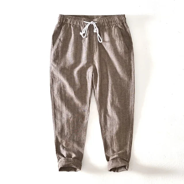Oslo Men's Striped Linen-Blend Trousers – Relaxed Summer Fit – Brown