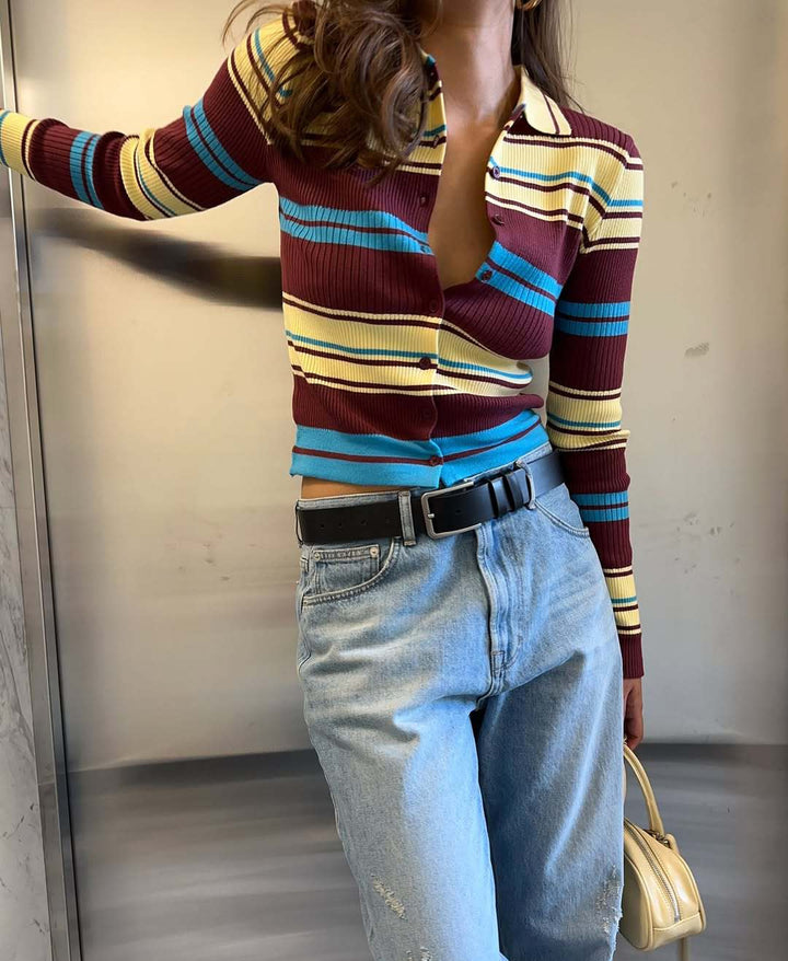 Striped Single-Breasted Knit Cardigan