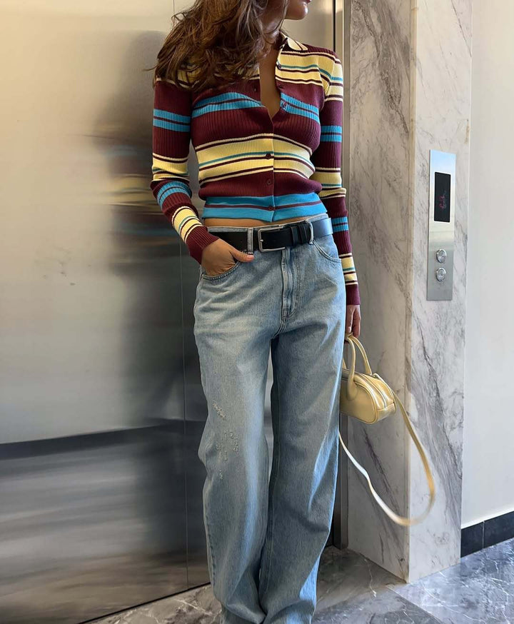 Striped Single-Breasted Knit Cardigan