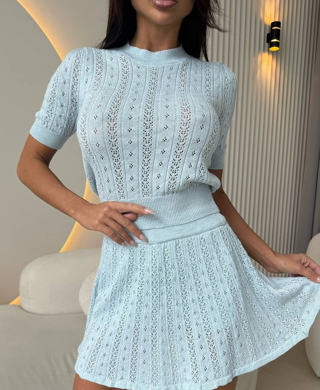 Hollow Knit Top & Skirt Set
